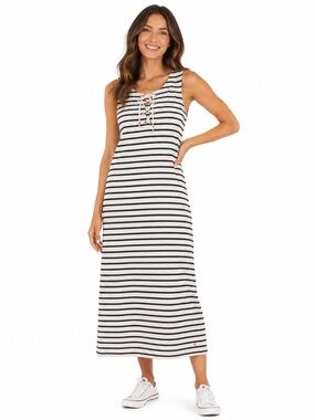 Joules Striped Lace Up Maxi Dress Nautical Coastal Resortwear Size 10